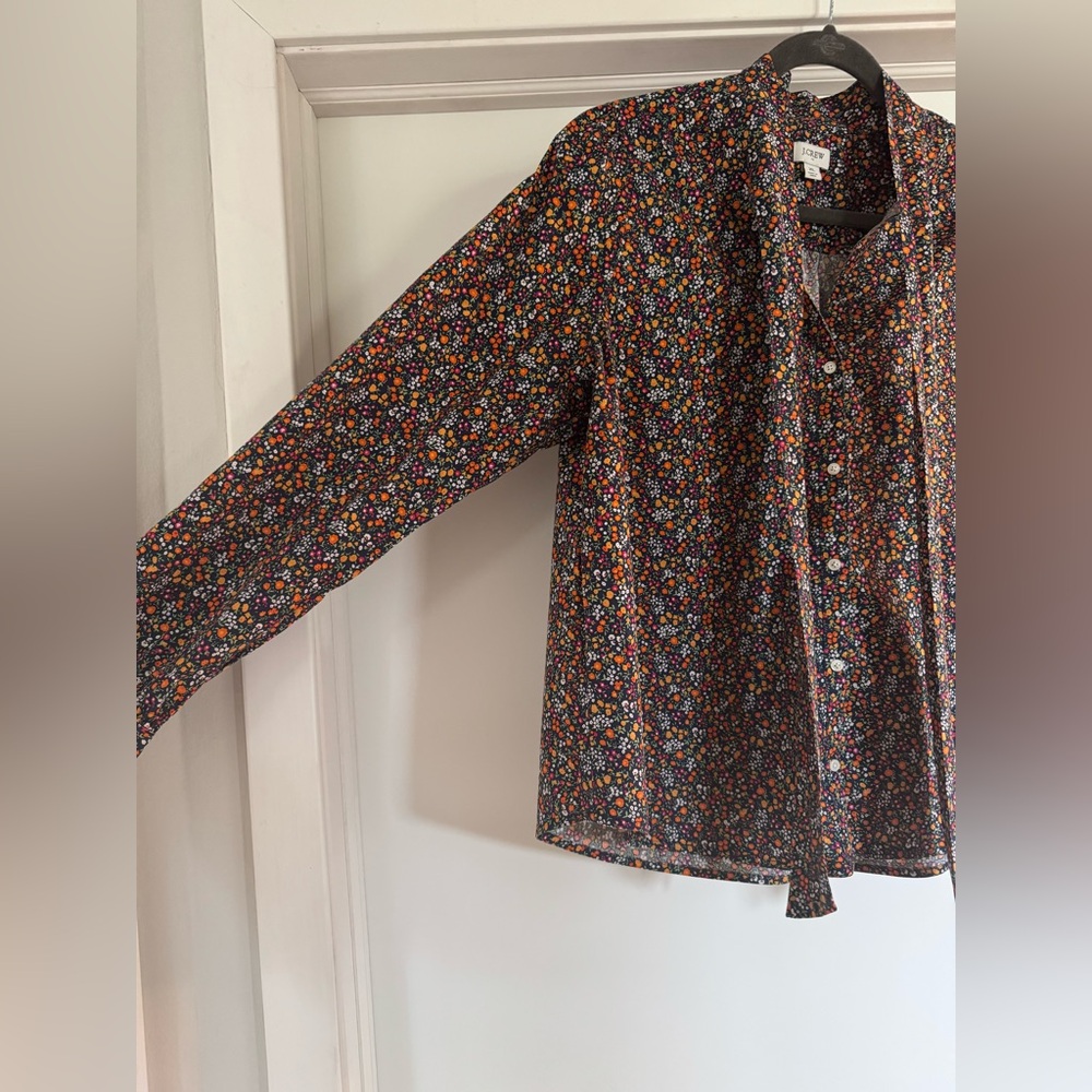 J. Crew Retro Floral Button-Up Blouse with Multicolor Ditsy Print and Ties XL - Picture 4 of 8